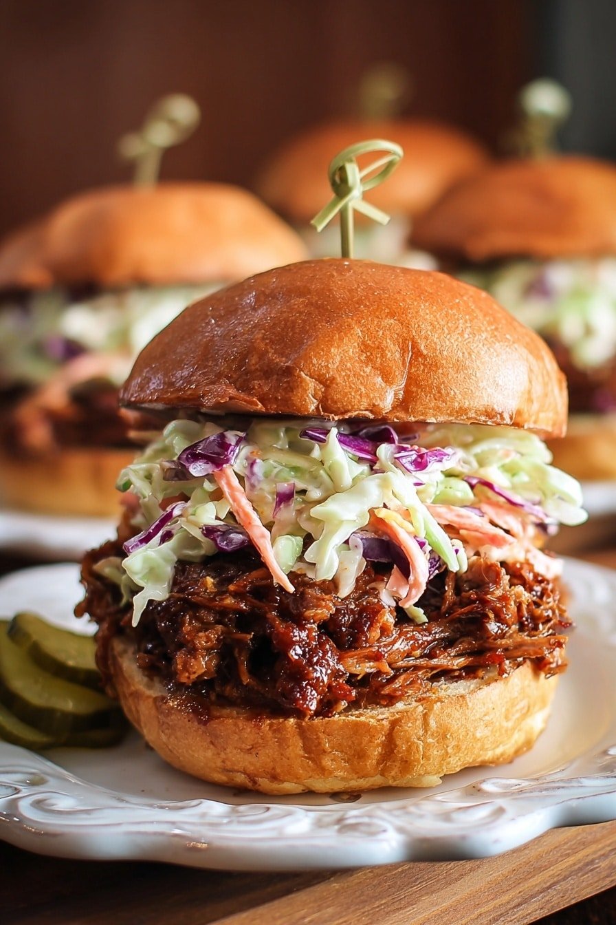 A close-up of a sandwich on an ornate white bun with three main layers: the bottom layer shows green pickles on a wood texture surface, the middle layer holds a thick pile of dark, saucy shredded meat with a juicy, moist texture, and the top layer features fresh coleslaw made of shredded white and purple cabbage mixed with thin carrot strips and creamy dressing, all held together by the top bun that is soft and slightly shiny, with a small decorative stick inserted through the sandwich to keep it in place; another similar sandwich is visible blurred in the background photo taken with an iphone --ar 2:3 --v 7