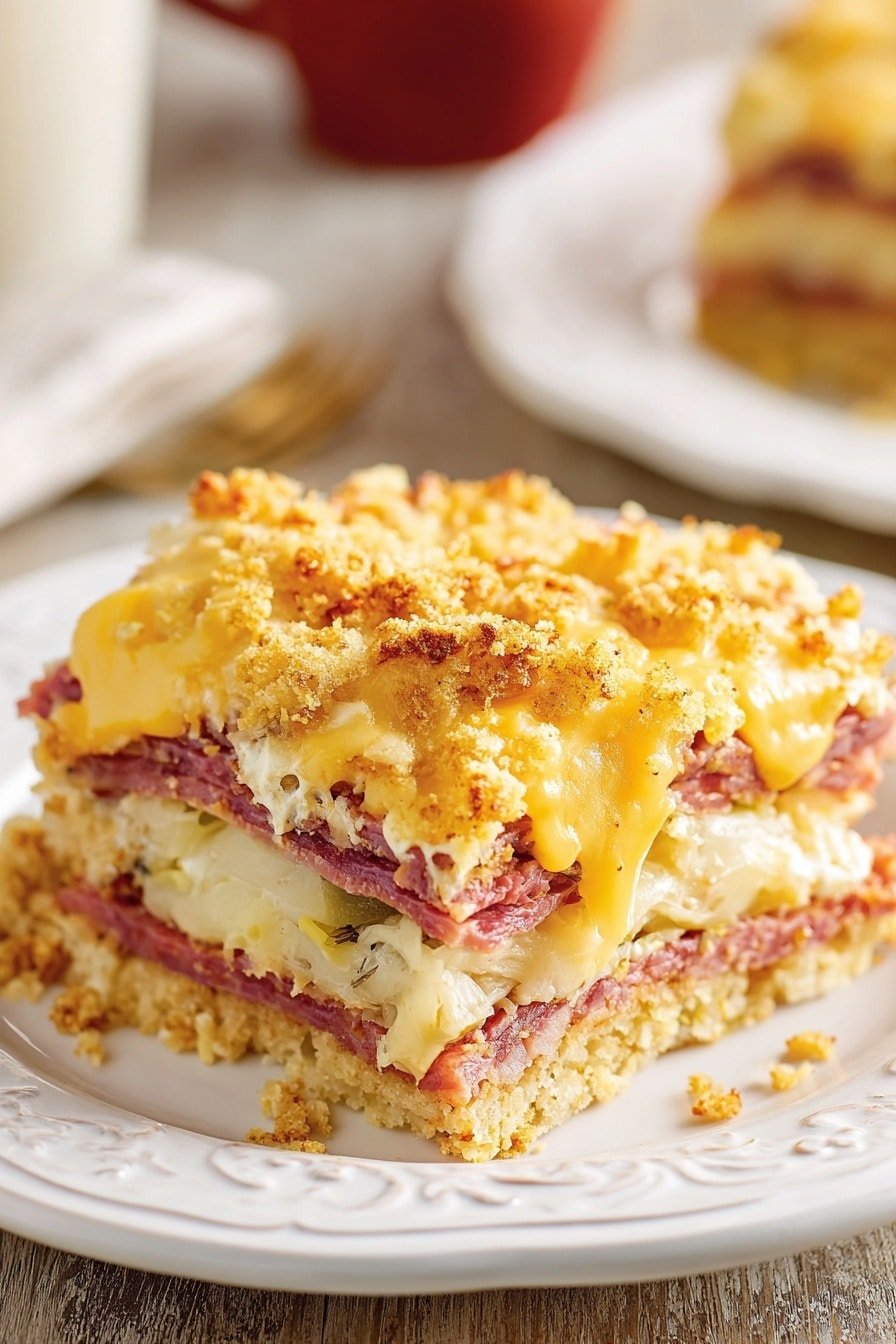 A slice of layered casserole is shown on an ornate white plate, sitting on a wood texture surface. The dish has multiple layers starting with a light golden crumbly base, topped by a thick stack of reddish deli meat slices. Above the meat is a creamy pale yellow cheese sauce with bits of cabbage or sauerkraut mixed in. The top layer is a bright yellow melted cheese blend sprinkled with crunchy golden bread crumbs. The texture varies from soft and creamy to crumbly and crispy on top. A blurred second plate with a similar slice appears in the background, and a small part of a red cup is visible. Photo taken with an iphone --ar 2:3 --v 7