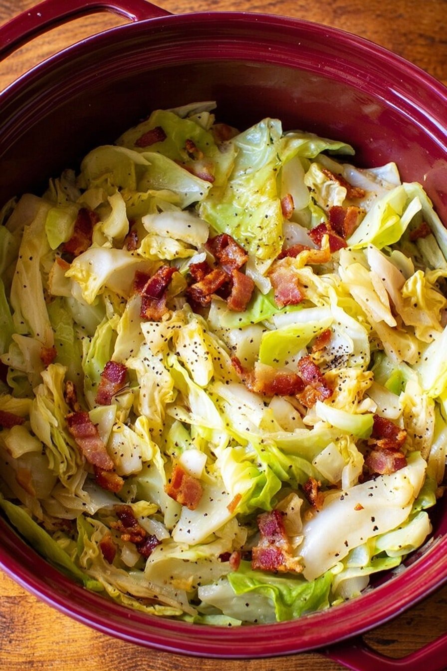 This image shows a deep purple pot filled with cooked cabbage and small pieces of cooked bacon mixed in. The cabbage layers are pale green and yellow, soft and wilted, with some bits looking slightly glossy from cooking. The bacon pieces are scattered throughout the cabbage, showing a mix of reddish-brown and crispy textures. Small black mustard seeds or spices are visible sprinkled on the cabbage, adding tiny dark spots. The pot sits on a wood texture surface, and the inside of the pot has a smooth finish with the food filling the space almost to the top. photo taken with an iphone --ar 2:3 --v 7