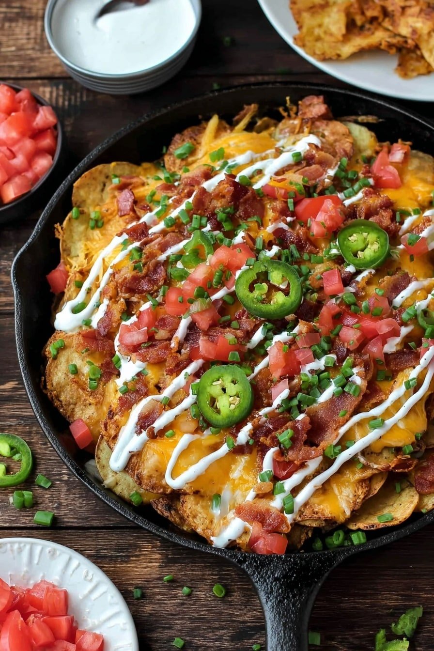 This image shows a black cast iron skillet filled with a layered dish. The base layer is crispy fried potato slices, golden brown in color and spread evenly. On top of the potatoes is melted orange cheddar cheese covering most of the surface. Scattered on the cheese are small pieces of crispy bacon and diced red tomatoes. Thin slices of green jalapeño peppers and chopped green onions are placed on top, adding a fresh green contrast. White sour cream is drizzled in lines across the whole dish. The skillet sits on a wood texture surface. Around it are small wooden bowls filled with chopped green onions, diced tomatoes, and more potato slices on an ornate white plate. Photo taken with an iphone --ar 2:3 --v 7
