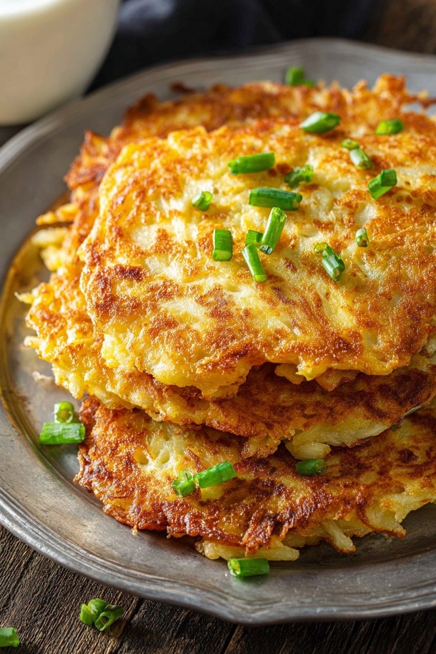 A stack of four golden brown potato pancakes is served on an ornate white plate, each pancake showing a rough, crispy texture with slightly uneven edges. The pancakes have a warm, toasted outer layer with small bits of potato strands visible. The top pancake is adorned with a dollop of creamy white sour cream and sprinkled with bright green, finely chopped scallions. The plate rests on a dark wood texture surface, accompanied by a silver fork and scattered scallions around it. Photo taken with an iphone --ar 2:3 --v 7