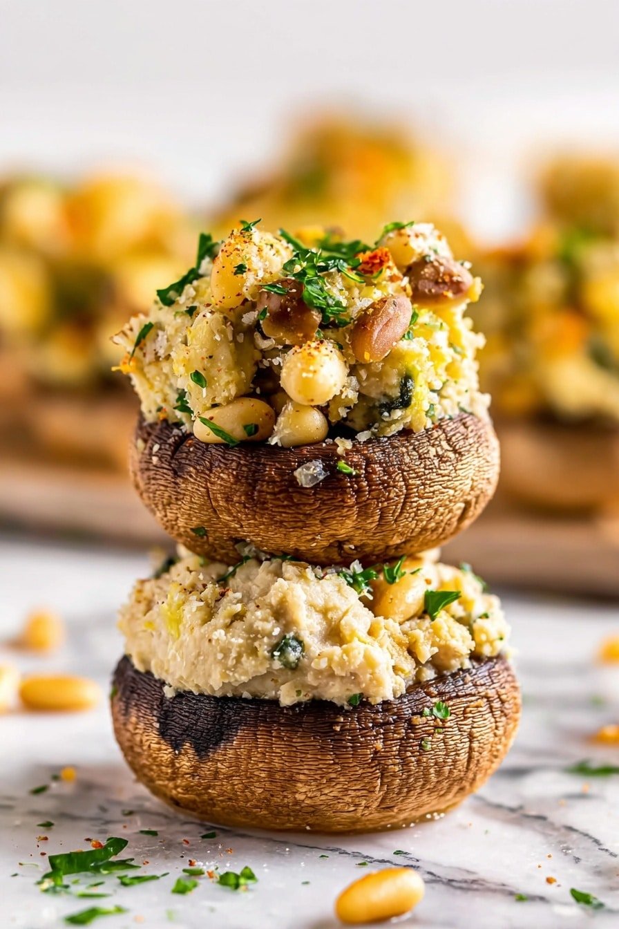 The image shows several stuffed mushrooms on an ornate white plate placed on a wood texture. Each mushroom has a dark brown, textured base of cooked mushroom cap. The filling is piled high in a coarse, light beige mixture with visible pine nuts and green herbs, giving it a speckled look. Some yellow zest and chopped green herbs are sprinkled on top of the filling. One stuffed mushroom is being lifted by a wooden spatula held by a woman's hand, showing the full round shape of the mushroom and the thick, moist filling inside. Photo taken with an iphone --ar 2:3 --v 7