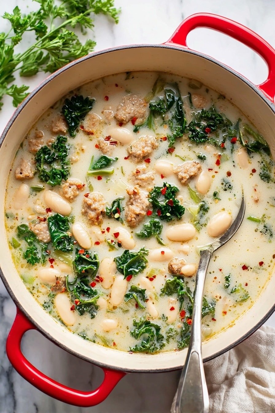 A green-handled pot filled with creamy white soup containing chunks of tan sausage, plump white beans, and bright green kale pieces scattered evenly on top, with small red pepper flakes sprinkled throughout. A silver ladle rests inside the pot on the right side, partially submerged in the soup. The pot sits on a white marbled surface, with some fresh parsley to the left and a crumpled white cloth to the right. The soup looks thick with visible textures of meat and leafy greens, giving a hearty look photo taken with an iphone --ar 2:3 --v 7