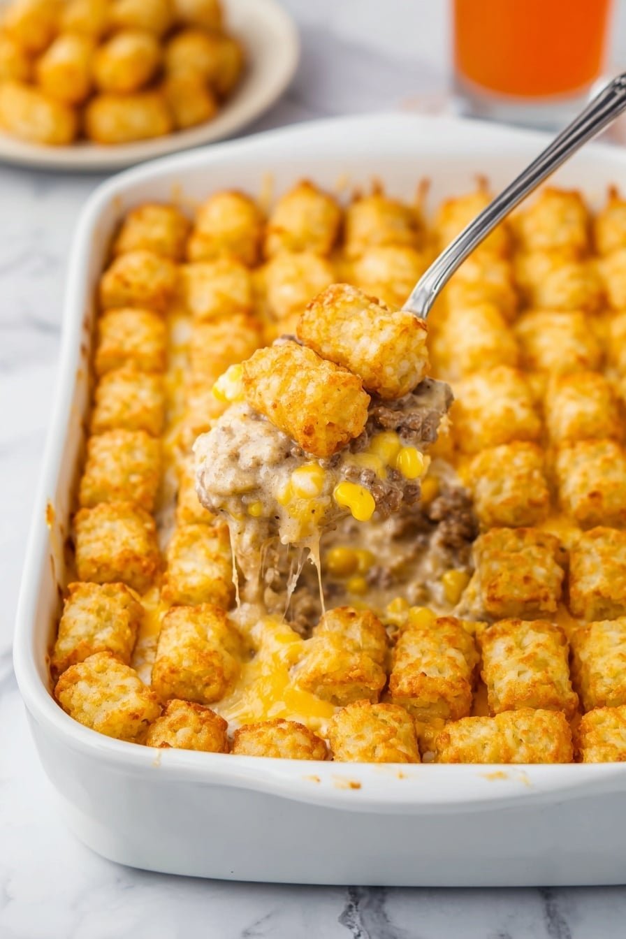 The image shows a white baking dish filled with a casserole that has three visible layers. The bottom layer is yellow corn scattered with bits of cooked ground meat and a creamy sauce that appears beige and smooth. The middle layer is a thicker, cheesy sauce that blends into the other layers, visible between the bottom and top layers. The top layer consists of neatly aligned golden-brown tater tots, slightly crispy on the edges with melted cheese draped over them. A metal spoon is lifting a portion from the dish, showing the tater tots on top, the creamy middle, and bits of yellow corn and meat below. The background is a white marbled surface with a blurred dish of tater tots and a glass of orange drink in soft focus. Photo taken with an iphone --ar 2:3 --v 7