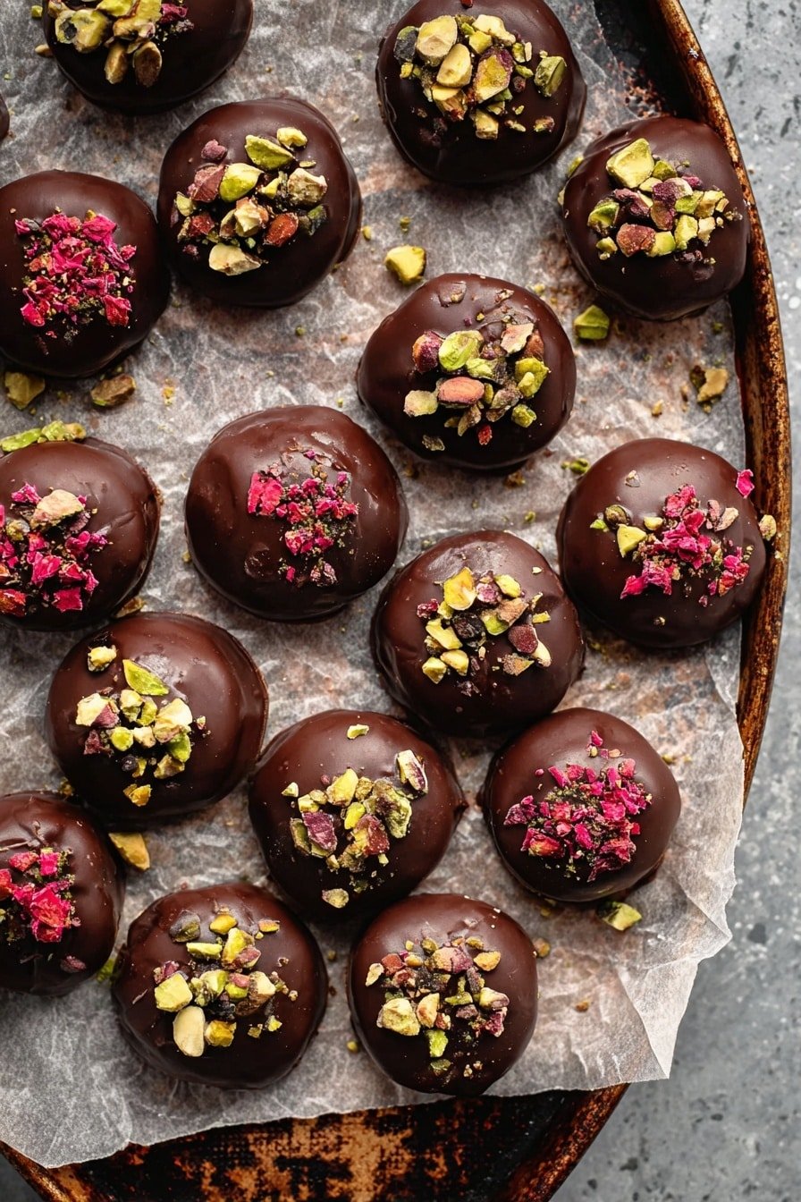 The image shows a group of round chocolate-covered treats, about twenty in total, arranged on crumpled parchment paper over a baking tray. Each treat is coated with a smooth, glossy dark chocolate layer, topped with small pieces of colorful nuts and dried fruit. The toppings include bright green chopped pistachios, dark brown cacao nibs, and vibrant red freeze-dried berry bits, evenly spread on the top side of each treat. The tray edges are dark and worn, contrasting with the soft texture of the parchment paper underneath. The background surface is a white marbled texture. photo taken with an iphone --ar 2:3 --v 7