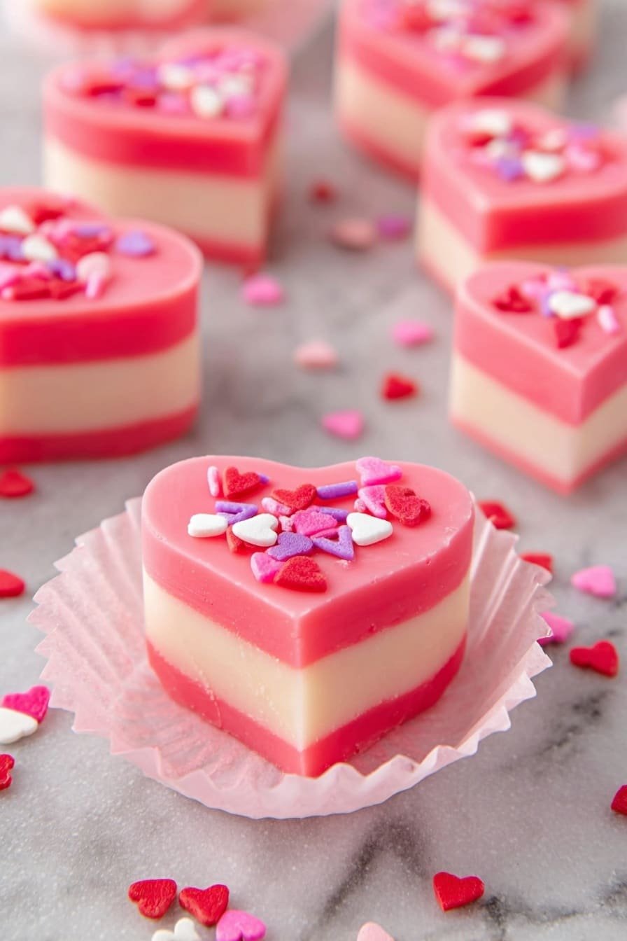 The image shows a heart-shaped dessert with three visible layers, placed on a white marbled surface. The top layer is pink and decorated with small heart-shaped sprinkles in red, white, and dark pink. The middle layer is white, and the bottom layer is a lighter pink than the top. There is a bite taken from the front side of the dessert, revealing the smooth and creamy texture of all three layers. In the background, there are two more heart-shaped pieces, slightly out of focus, sitting on the same white marbled surface. Photo taken with an iphone --ar 2:3 --v 7