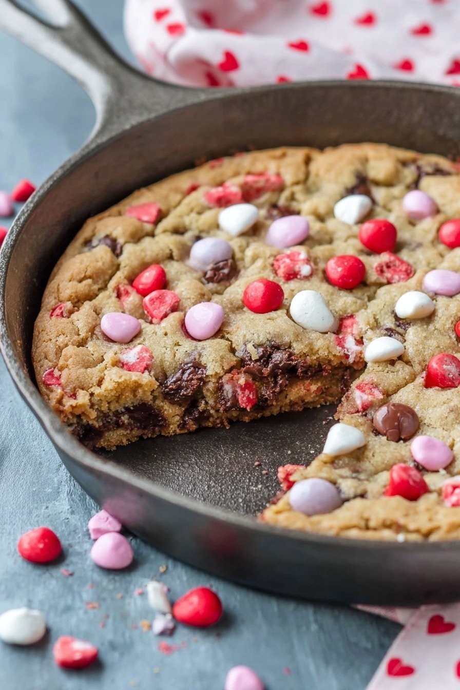 A large round cookie baked in a black cast iron pan, showing a golden brown top layer with a textured surface. The cookie is studded with colorful red, white, and pink candy-coated chocolate pieces scattered on top and some inside the cookie, visible through a missing slice. The inside layer is soft and chocolatey with a slightly crumbly texture. Some candies have fallen onto the dark pan and the nearby wood texture surface. The background is a blurred texture with a white cloth that has small red hearts. Photo taken with an iphone --ar 2:3 --v 7
