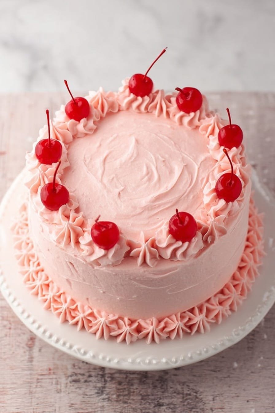 The image shows a round, two-layer cake covered in smooth, pale pink frosting with soft, swirling texture on top. Around the edge of the cake's top and base, there is a thick border of decorative star-shaped frosting in the same pink color. Eight bright red cherries with stems are evenly spaced on top of the star frosting border. The cake sits on a white ornate plate placed on a wood texture surface, with a blurred background. Photo taken with an iphone --ar 2:3 --v 7