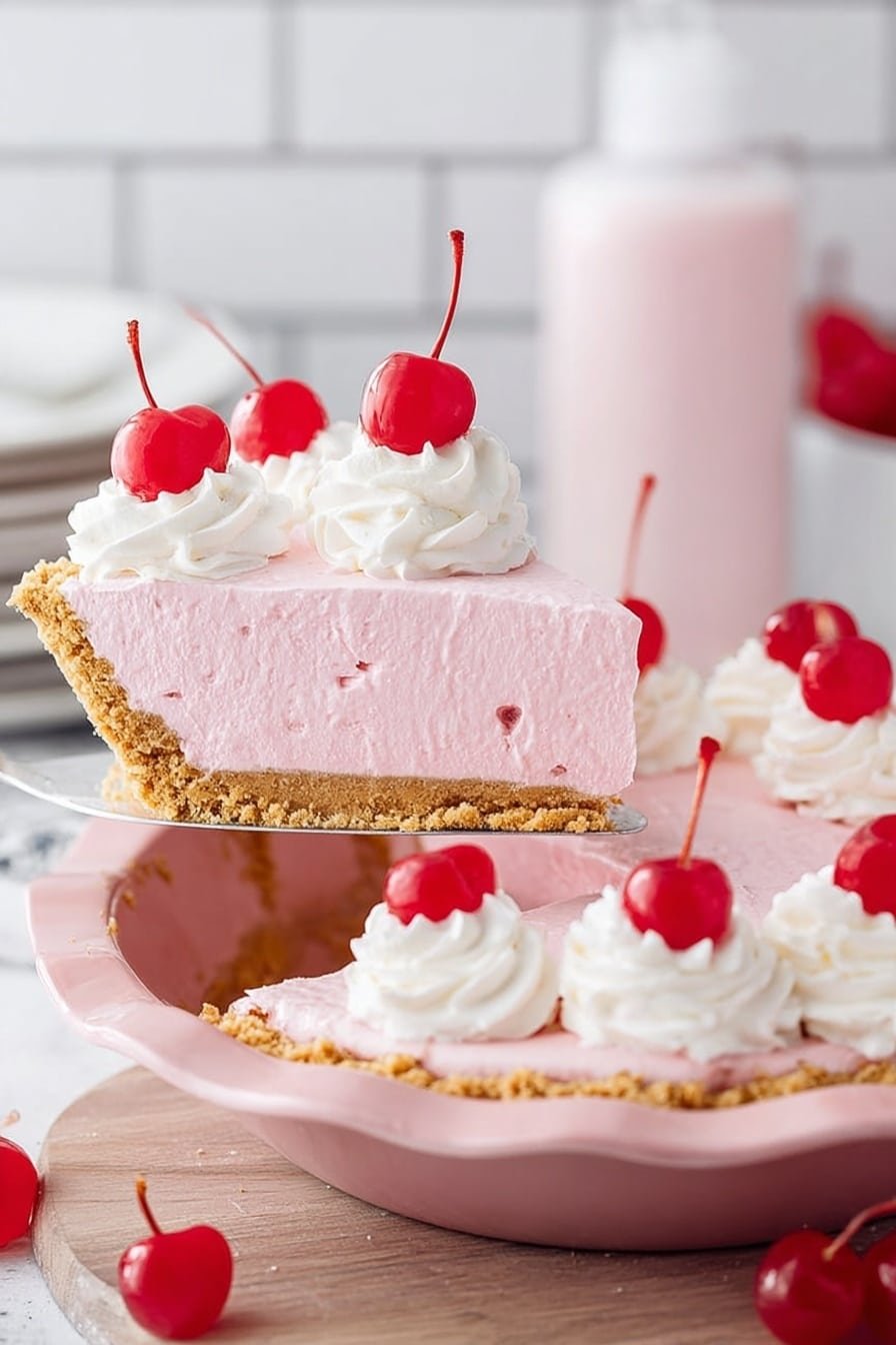 The image shows a slice of pink pie with three layers: a light brown crumb crust on the bottom, a thick, smooth pink filling layer in the middle, and a white whipped cream swirl on top. A bright red cherry sits on the whipped cream at the very top. The pie is in a white pie dish with the slice being lifted by a metal pie server. The background is a soft white marbled texture with another slice and a bowl of red cherries blurred in the background. photo taken with an iphone --ar 2:3 --v 7