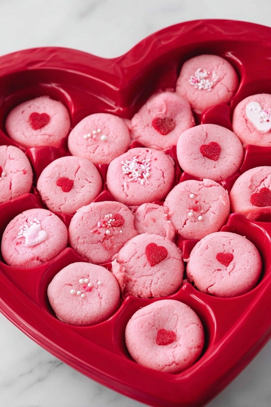 A heart-shaped red silicone baking mold filled with about twenty round pink cookies, each with a soft, slightly cracked surface. The cookies have small decorations on top: some have tiny white heart-shaped sprinkles, others have small red heart shapes, and a few have red and white round sprinkles clustered together. The mold sits on a white marbled surface. photo taken with an iphone --ar 2:3 --v 7