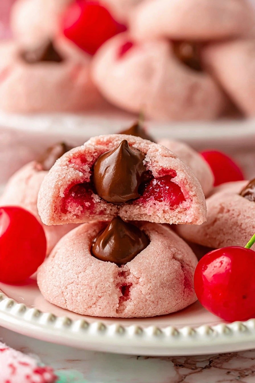 A white plate with an embossed floral design holds a pile of round pink cookies with red specks inside, each cookie has a smooth dollop of brown chocolate in the center. The cookies look soft with tiny cracks on the surface. Scattered around the plate are bright red cherries, some with stems. The plate is set on a white marbled surface, and there are round chocolate pieces nearby. photo taken with an iphone --ar 2:3 --v 7
