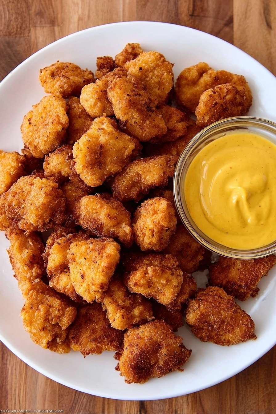A white round plate is full of many pieces of fried chicken bites, each piece golden brown with a crunchy texture. The chicken bites are piled up unevenly, showing their crispy edges and bits of seasoning. On the right side of the plate, there is a clear small glass bowl filled with smooth, bright yellow mustard sauce. The plate is placed on a white marbled surface with a white cloth visible in the top right corner. photo taken with an iphone --ar 2:3 --v 7