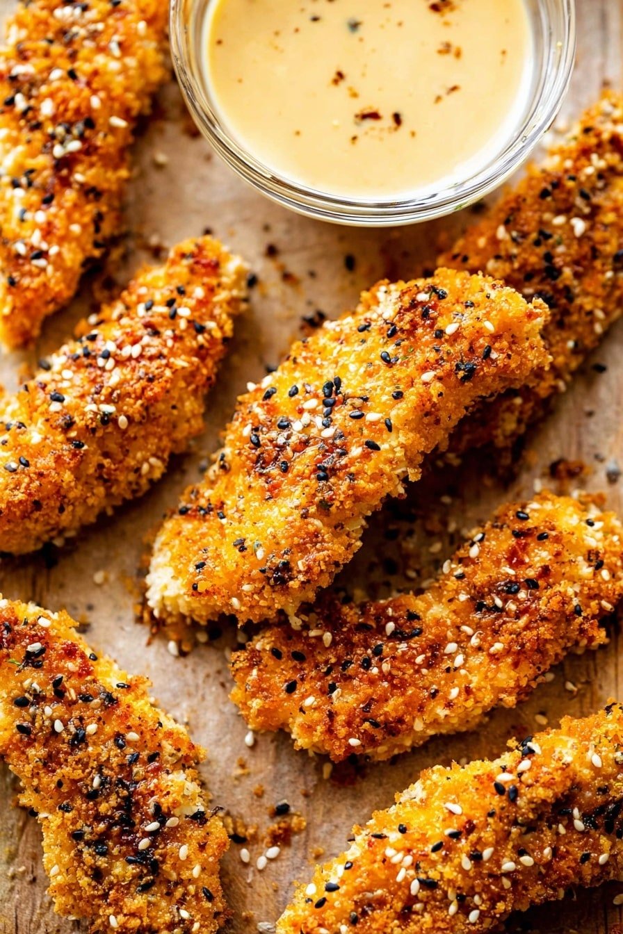 The image shows several golden brown crispy chicken strips covered in a crunchy coating with black and white sesame seeds sprinkled on top. The chicken strips are laid out on a white marbled surface. To the upper right, there is a small clear round glass bowl filled with light tan dipping sauce that has some small seasoning flakes. The overall look is crunchy and cooked to a perfect golden color with a rough textured coating. Photo taken with an iphone --ar 2:3 --v 7