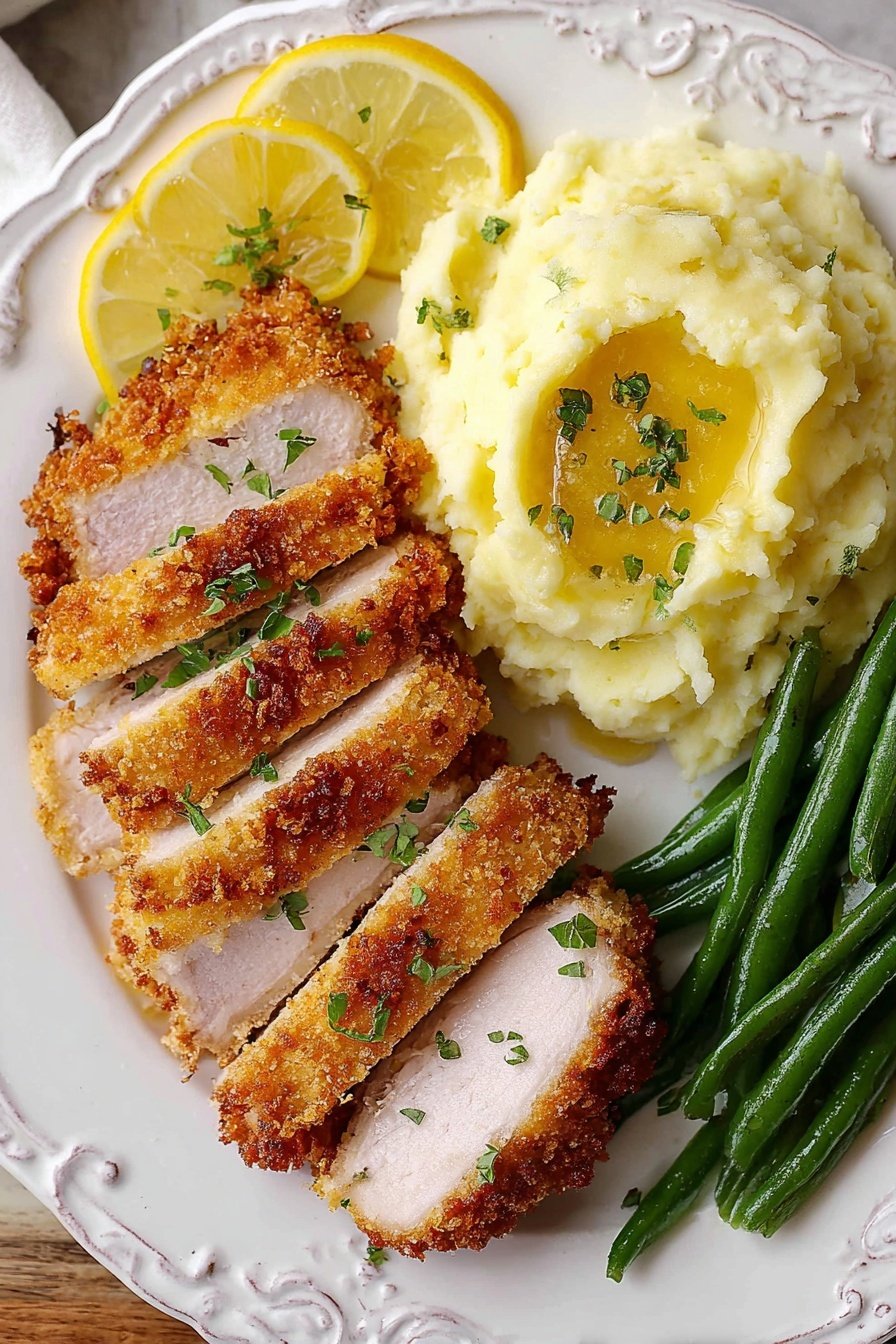 A close-up view of a white plate with two golden brown crispy fried fish fillets as the main layer, topped with small green herb bits, and a black fork pressing into the top fillet. Below the fish fillets are thin yellow lemon slices arranged in a row. On the right side of the plate are bright green cooked green beans, cut into pieces. The plate is set on a white marbled surface. Photo taken with an iphone --ar 2:3 --v 7