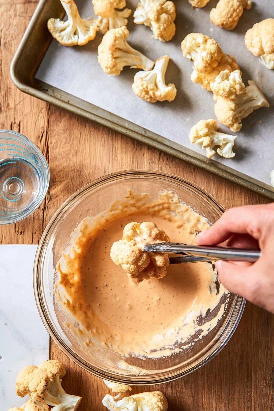 A close-up of a woman's hand dipping an orange, crispy cauliflower floret into a small metal cup filled with white creamy sauce, surrounded by many more cauliflower pieces on a black wire cooling rack, with some green herb leaves scattered around; all placed on a white marbled surface photo taken with an iphone --ar 2:3 --v 7