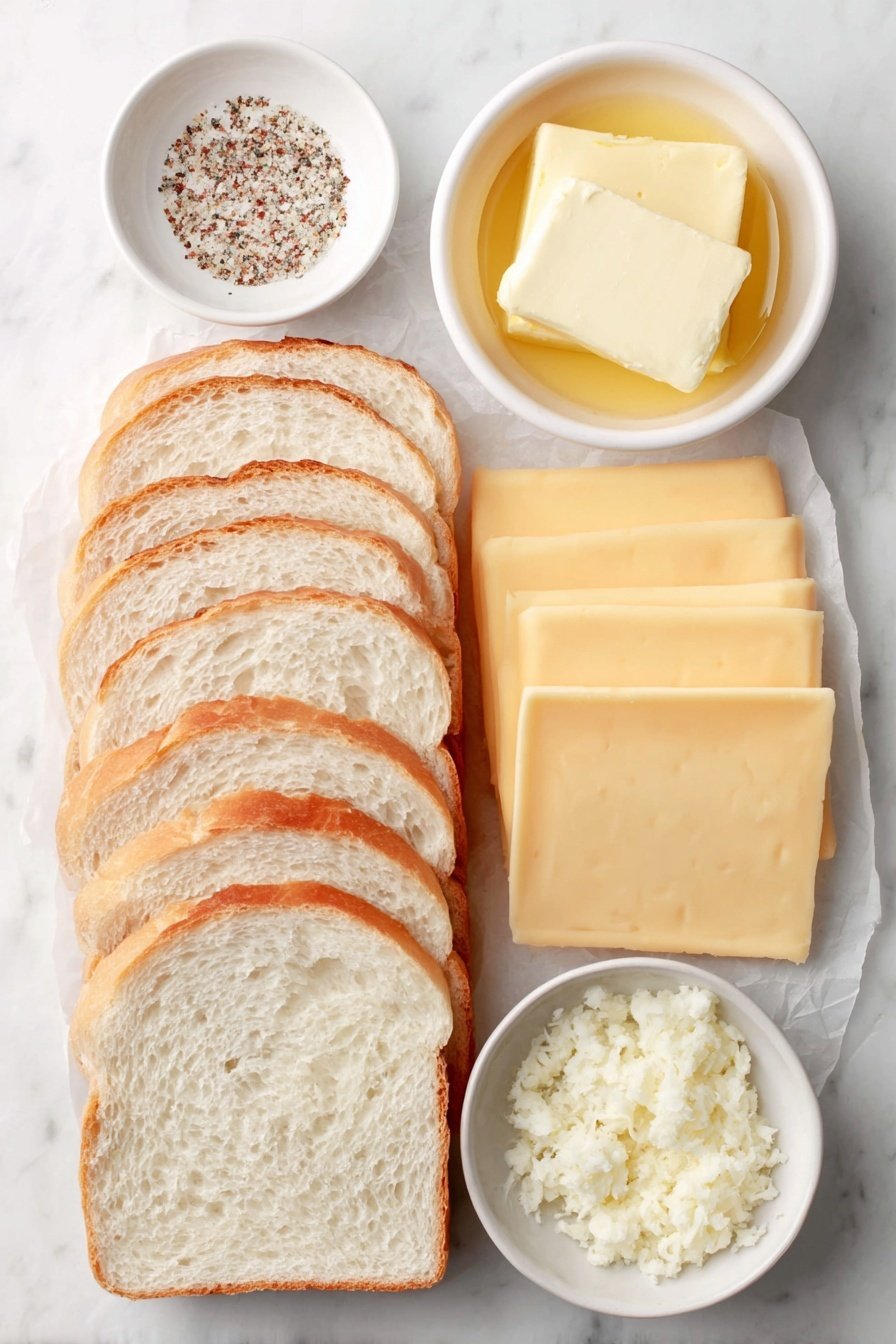 Flat lay of eight slices of fresh rustic white bread, eight slices of pale yellow cheddar cheese, a small white ceramic bowl filled with softened golden butter, a small white ceramic bowl containing coarse garlic salt, all arranged with perfect symmetry on a clean white marble surface, soft natural light, photo taken with an iPhone, professional food photography style, fresh ingredients, white ceramic bowls, no bottles, no duplicates, no utensils, no packaging --ar 2:3 --v 7 --p m7354615311229779997