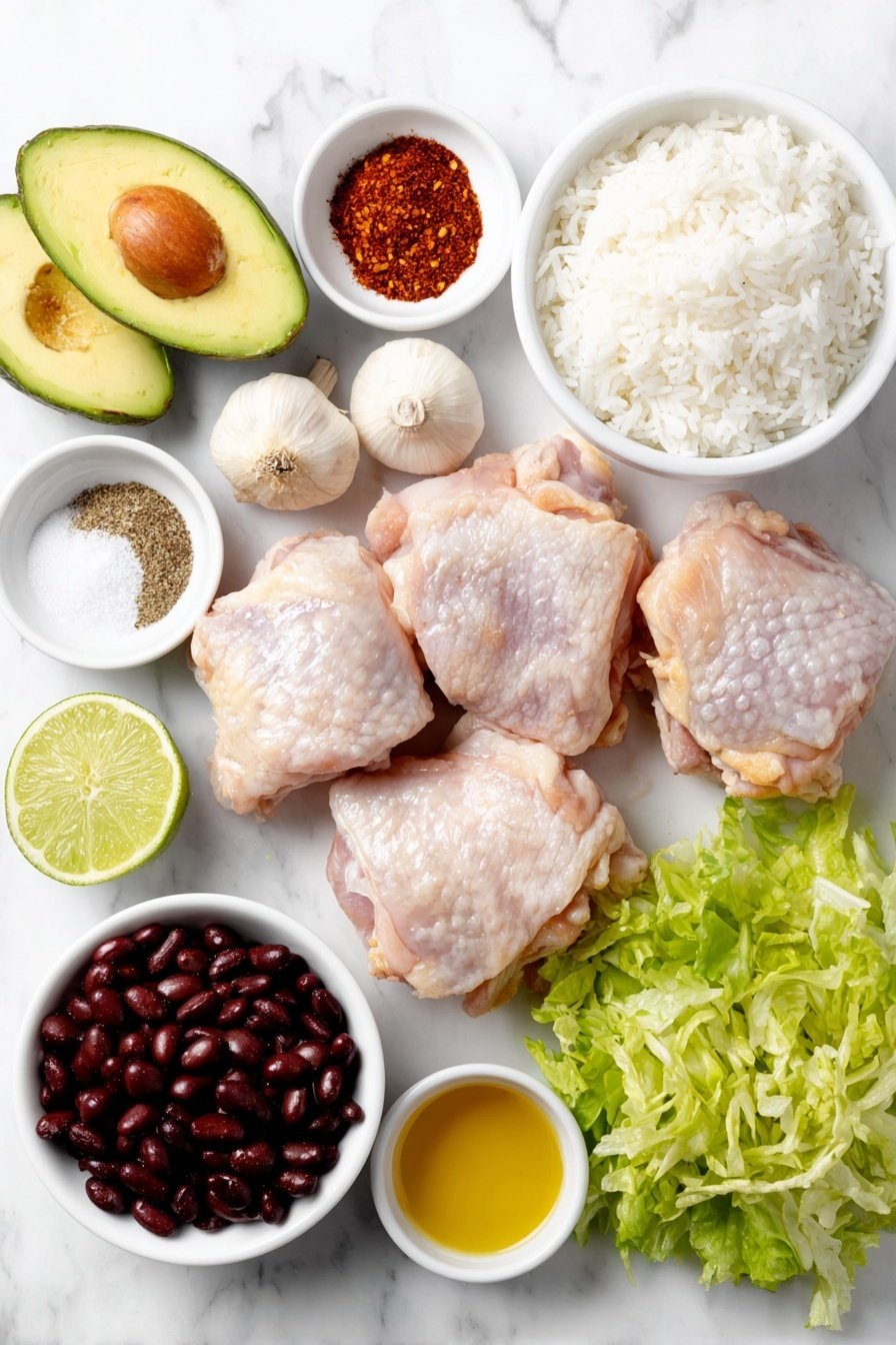 Flat lay of boneless skinless chicken thighs with visible texture, three whole garlic cloves, a small white bowl of coarse kosher salt, a small white bowl with ground black pepper, a small white bowl containing dark red chipotle peppers in adobo sauce, a small white bowl of reddish-brown ancho chile powder, a small white bowl of ground cumin, a small white bowl of dried oregano, a small white bowl of golden olive oil, one whole fresh lime, a simple mound of white cooked rice, a small white bowl of shiny black beans, a small pile of crisp shredded green lettuce, several slices of ripe avocado with bright green flesh, a small white bowl of vibrant red salsa, all arranged in perfect symmetry on a clean white marble surface, soft natural light, photo taken with an iPhone, professional food photography style, fresh ingredients, white ceramic bowls, no bottles, no duplicates, no utensils, no packaging --ar 2:3 --v 7 --p m7354615311229779997