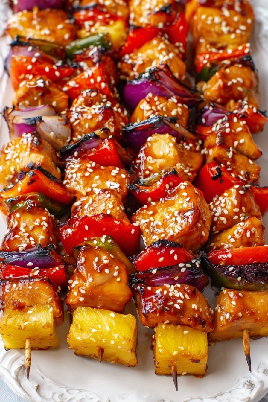This image shows several skewers of grilled food arranged closely on a white plate with a white marbled background. Each skewer has multiple layers starting with a bottom layer of grilled pineapple chunks that are yellow with some light char marks, followed by pieces of red bell pepper that are bright red with a slightly glossy look. Above this are slices of grilled red onion with a deep purple color, showing some blackened edges. The main layers on the skewers are chunks of chicken coated in a shiny, sticky-looking orange glaze and sprinkled with white sesame seeds. The chicken pieces are mixed with some grilled pineapple and red bell pepper, creating a colorful pattern of orange, red, yellow, and purple along the skewer. The glaze makes the chicken glisten under the light, adding a rich texture to the image. photo taken with an iphone --ar 2:3 --v 7