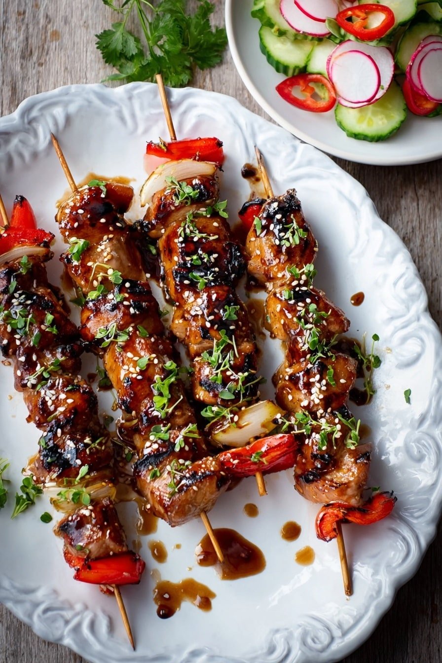 There are five grilled skewers on a white oval plate, each skewer with alternating pieces of browned chicken, red bell pepper, and light-colored onion slices, all glistening with a dark sauce and sprinkled with sesame seeds and small green herb leaves. Around the plate, some green herb leaves are scattered along with drops of sauce. In the upper right corner, part of a white round plate holds a fresh salad made of sliced radishes, cucumber rounds, sliced red chili, and pieces of green pepper on a white marbled surface. Photo taken with an iphone --ar 2:3 --v 7