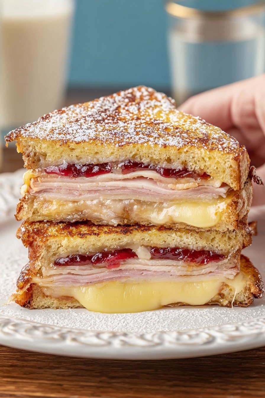 The image shows a close-up of a sandwich cut in half and stacked, with two layers of golden-brown toasted bread on the top and bottom. Inside, there are melted pale yellow cheese layers mixed with light-colored turkey slices and ham, along with a layer of red jelly near the top. The sandwich is dusted with powdered sugar. A woman's hand is holding the top half. The stack sits on a white plate on a white marbled surface. In the background, there is a blurred glass of milk. Photo taken with an iphone --ar 2:3 --v 7