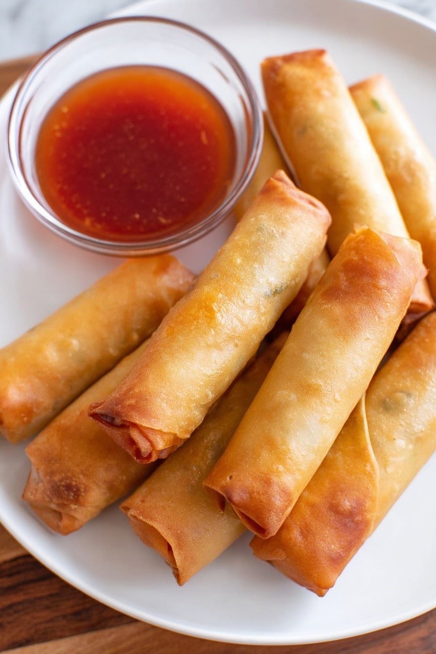A white plate holds seven golden brown spring rolls arranged with some overlapping each other, showing a crispy and smooth texture with slight variations in color from light amber to darker brown spots. On the upper left side of the plate, a clear round bowl is filled with a glossy, thick reddish-brown dipping sauce. The white marbled surface underneath adds a clean and elegant feel to the image. photo taken with an iphone --ar 2:3 --v 7