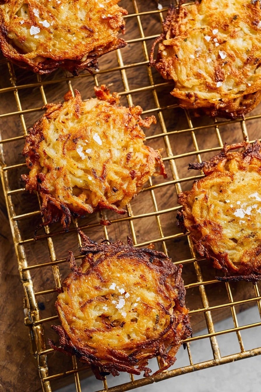 The image shows five golden brown, crispy potato cakes sitting on a black wire cooling rack. Each cake is a round, irregular shape with visible thin strands of cooked potato layered and tangled together, giving a textured, crunchy look. The outer edges are darker brown and slightly curled up, while the inside remains a lighter golden color. Coarse salt crystals are sprinkled on top of the cakes, adding a sparkly contrast to the warm tones. The cooling rack rests on a white marbled surface, enhancing the rustic appearance of the potato cakes. Photo taken with an iphone --ar 2:3 --v 7
