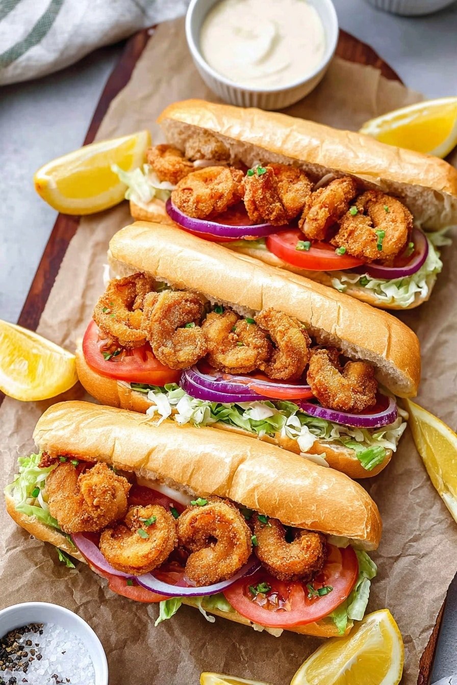 The image shows three fried shrimp po'boy sandwiches arranged in a row on white parchment paper. Each sandwich has a toasted golden brown hoagie roll as the base. The bottom layer inside the rolls is light green shredded lettuce, followed by slices of red tomato and thin purple onion rings. On top sit multiple pieces of crispy, golden fried shrimp filling the sandwiches fully. There are lemon wedges placed around the sandwiches on the same white marbled surface. Small bowls of white salt, black pepper, lemon slices, and creamy sauce are placed in the background. photo taken with an iphone --ar 2:3 --v 7