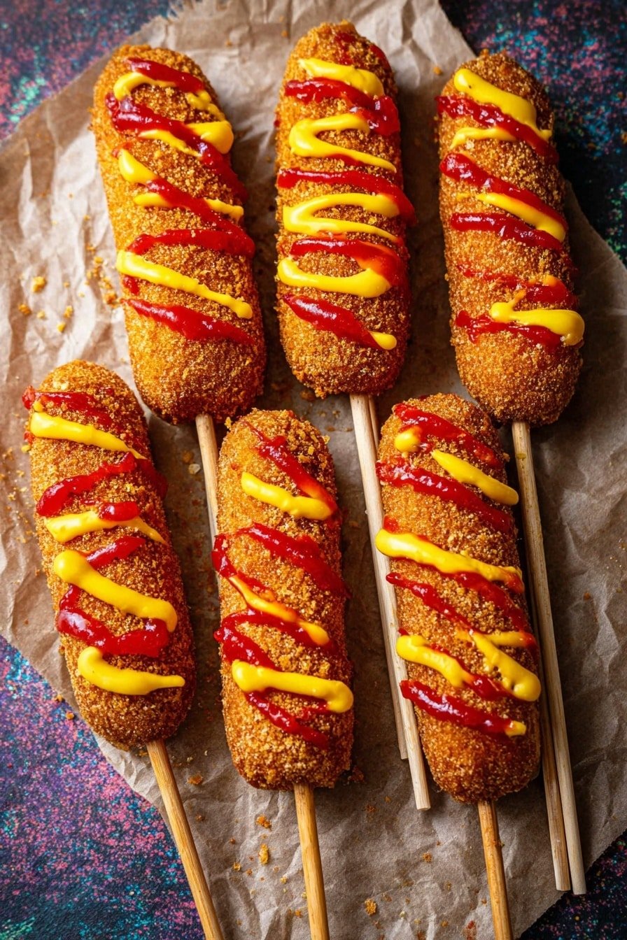Five corn dogs are lined up side by side on white parchment paper over a white marbled surface. Each corn dog is golden brown, covered in a crispy, crunchy texture with small flakes visible all over. They are all skewered on wooden sticks, extending out towards the bottom edge of the image. Bright red ketchup and yellow mustard are drizzled in thick, wavy lines across the top of each corn dog, alternating between the two colors for a colorful contrast. The overall look is crispy, colorful, and inviting. Photo taken with an iphone --ar 2:3 --v 7