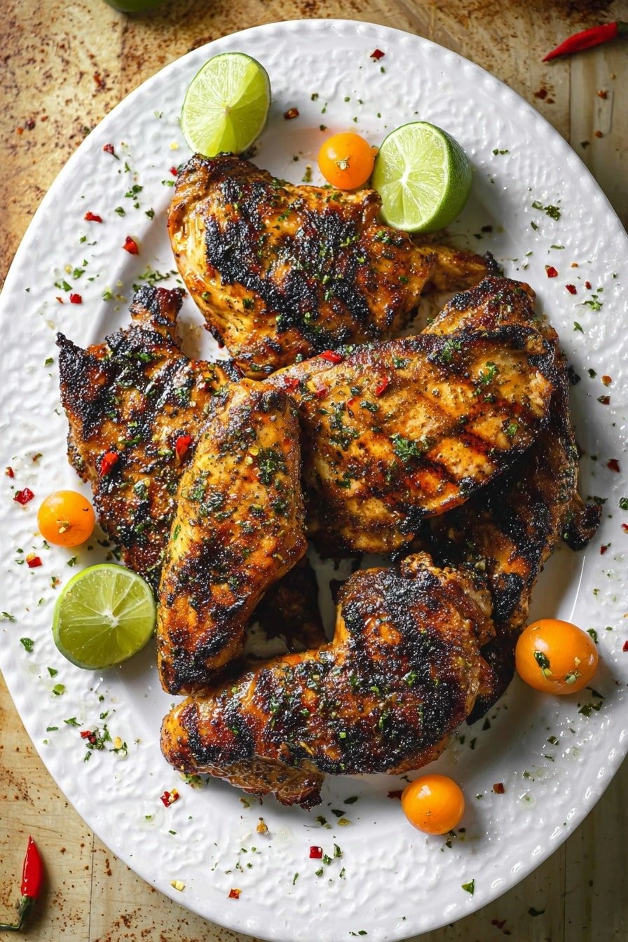 A white ornate plate holds several pieces of grilled chicken with a dark, charred crust showing black grill marks and a mix of golden-brown and darker brown areas, sprinkled with green herbs and red chili flakes. Around the chicken are small bright orange peppers and lime wedges with light green flesh and darker green rinds. The plate is placed on a wood texture surface with scattered crumbs and small red chili flakes. Photo taken with an iphone --ar 2:3 --v 7