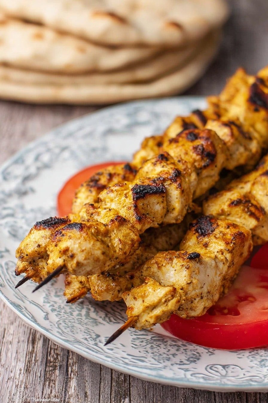 The image shows three skewers with grilled chicken pieces that have a golden brown color with some darker charred spots, giving a textured and slightly rough look. The chicken pieces are uneven in shape and are stacked closely on the skewers. Below them, there is a layer of two red tomato slices, smooth in texture and bright red in color. All of this sits on an ornate white plate with blue patterns and a slightly shiny surface. In the background, some round flatbreads with a light golden color and soft texture are stacked on a wood texture surface. Photo taken with an iphone --ar 2:3 --v 7