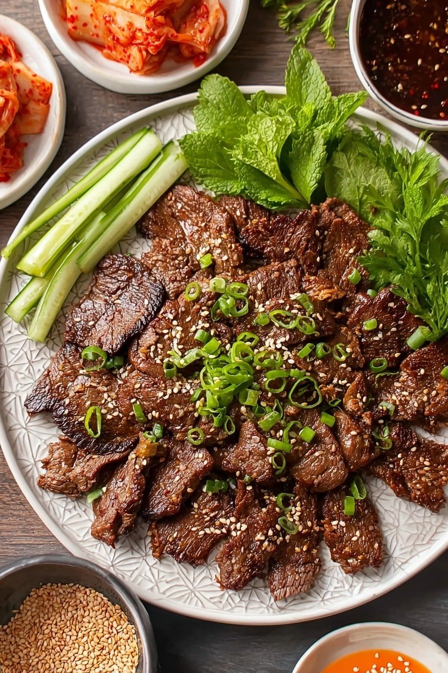 On a dark gray plate, many pieces of brown grilled meat are spread out in one thick layer, sprinkled with small white sesame seeds and chopped green onions for color. On the top left side, bright green leafy vegetables are placed neatly in one bunch. Below the leaves, several sticks of light green cucumber rest parallel to each other. Around the plate, there are small white bowls containing red kimchi, dark brown-red dipping sauce with seeds, light brown sesame seeds, and an orange sauce, all set on a wood texture. Photo taken with an iphone --ar 2:3 --v 7