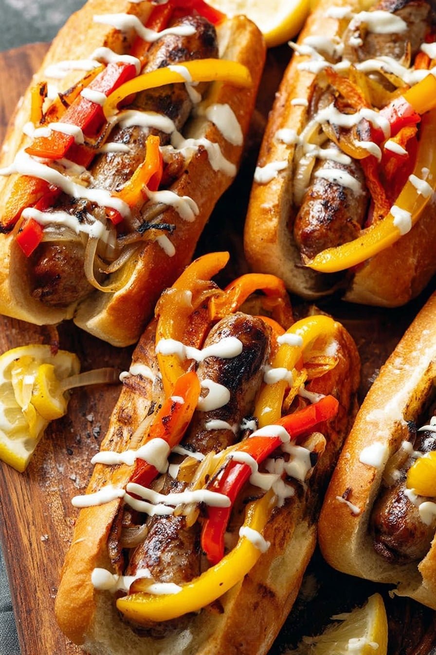 Four hot dogs are shown on a metal surface with a wood texture, each in an open soft bun that is golden brown on the outside and soft white on the inside. Inside each bun, there is a lightly browned sausage topped with a mix of grilled red, yellow, and orange bell pepper strips, with some bits of grilled onion adding texture. The sausages and vegetables have light char marks. A white creamy sauce is drizzled over the top in thin lines, adding contrast to the vibrant colors of the peppers. There is a small lemon wedge on the side, partially visible. Photo taken with an iphone --ar 2:3 --v 7