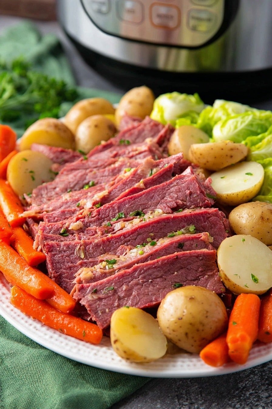 The image shows a large ornate white plate filled with sliced corned beef in the center, which is pinkish red with a tender texture and some small herbs sprinkled on top. Surrounding the meat are three visible layers of vegetables arranged around the edge: light golden potatoes with a slightly shiny surface, long bright orange carrots, and green cabbage leaves. The whole plate is placed on a green cloth with a wood texture beneath it, and a blurred metallic Instant Pot is in the background. Photo taken with an iphone --ar 2:3 --v 7