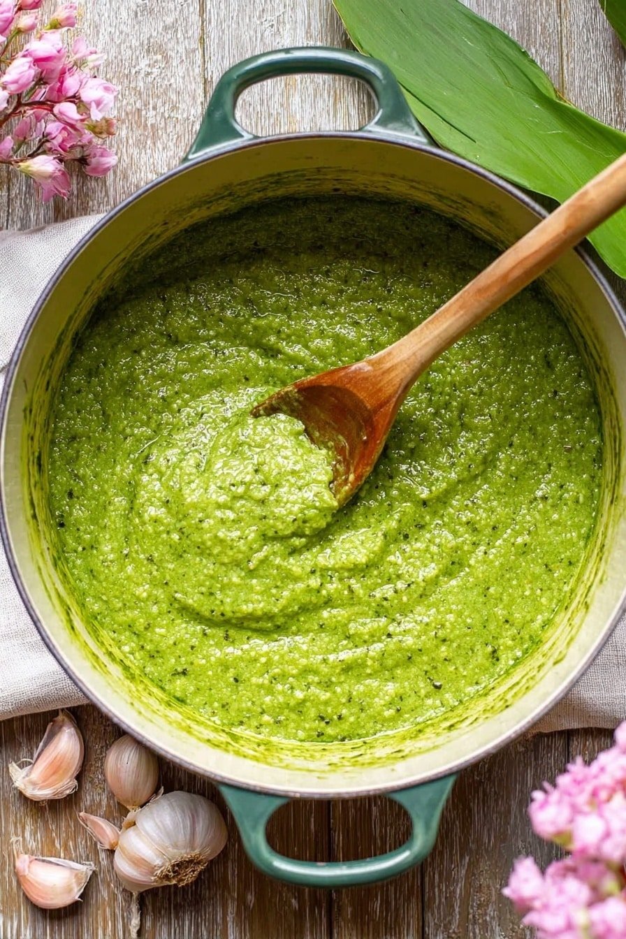 A large round pot with a white handle is filled with a thick, green, textured soup or puree, being stirred by a wooden spoon that shows some of the mixture on it. The green color is bright and uneven, with small darker green specks throughout, giving it a rustic, hearty look. Around the pot, on a wood texture surface, there are three whole garlic cloves and some pink flowers to the left, with a green vegetable leaf visible on the upper right side of the image. photo taken with an iphone --ar 2:3 --v 7