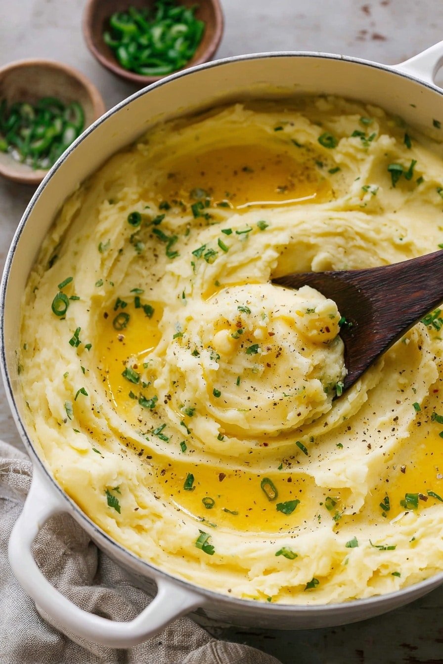 A close-up view of creamy mashed potatoes in a white pot with golden melted butter swirled throughout the soft, light-yellow layers, with green bits of chopped herbs scattered on top. A dark wooden spoon is scooping a portion from the middle, showing the smooth, fluffy texture dotted with small black pepper specks. Around the pot, parts of a kitchen towel and two small bowls with chopped green onions and melted butter sit on a wood texture. photo taken with an iphone --ar 2:3 --v 7