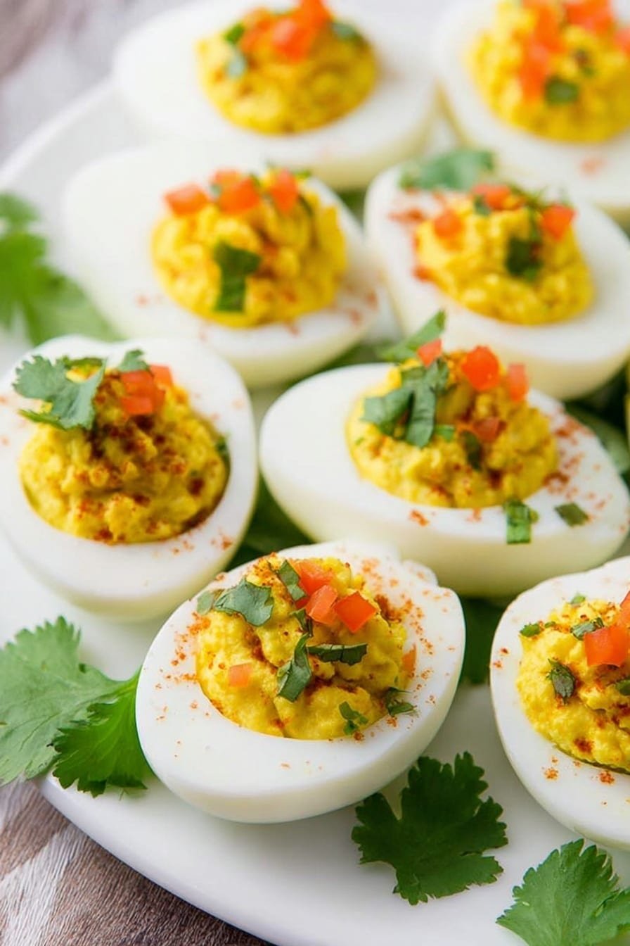 A close-up view of a white plate filled with halved boiled eggs, each egg white half holding a dollop of bright yellow yolk mixture textured with small brown bits; the yolk filling is topped with small chopped orange pieces and fresh green cilantro leaves, some placed on the eggs and some scattered on the white plate, all placed on a wood texture background. photo taken with an iphone --ar 2:3 --v 7