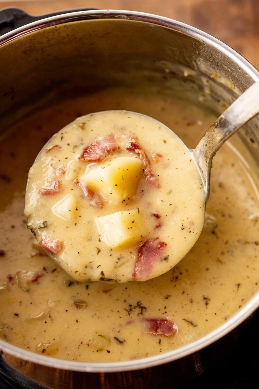 A close-up view of a shiny metal pot filled with thick, creamy beige soup that has visible small specks of seasoning. The thick soup contains soft, light yellow potato chunks and small pieces of pinkish-brown bacon evenly mixed throughout. A metal ladle is lifting a scoop of the soup, showing the smooth, rich texture with the ingredients clearly visible. The pot is set against a wood texture background. photo taken with an iphone --ar 2:3 --v 7