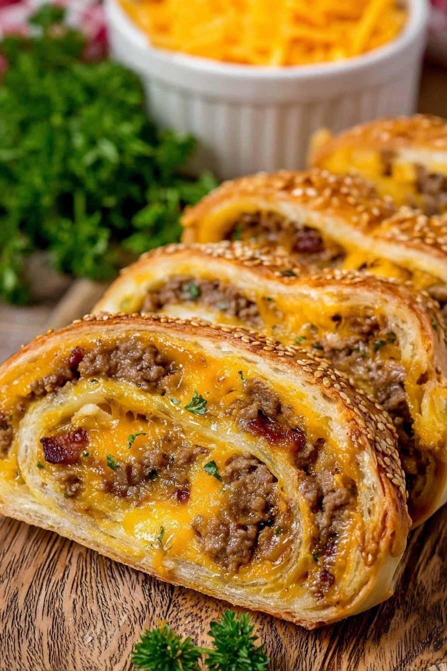 Three thick slices of a rolled pastry dish are placed on a wood texture surface. Each slice has visible layers starting with a golden-brown outer crust that is sprinkled with sesame seeds and looks crispy. Inside, there are swirls of melted cheddar cheese that are bright orange and smooth, mixed with cooked ground meat that is brown and crumbly, and bits of small diced bacon adding a slightly reddish tone. The layers create a spiral pattern showing the cheese and meat filling wrapped inside the pastry. In the back, there is a white bowl filled with shredded cheddar cheese and fresh green parsley leaves adding color contrast. Photo taken with an iphone --ar 2:3 --v 7