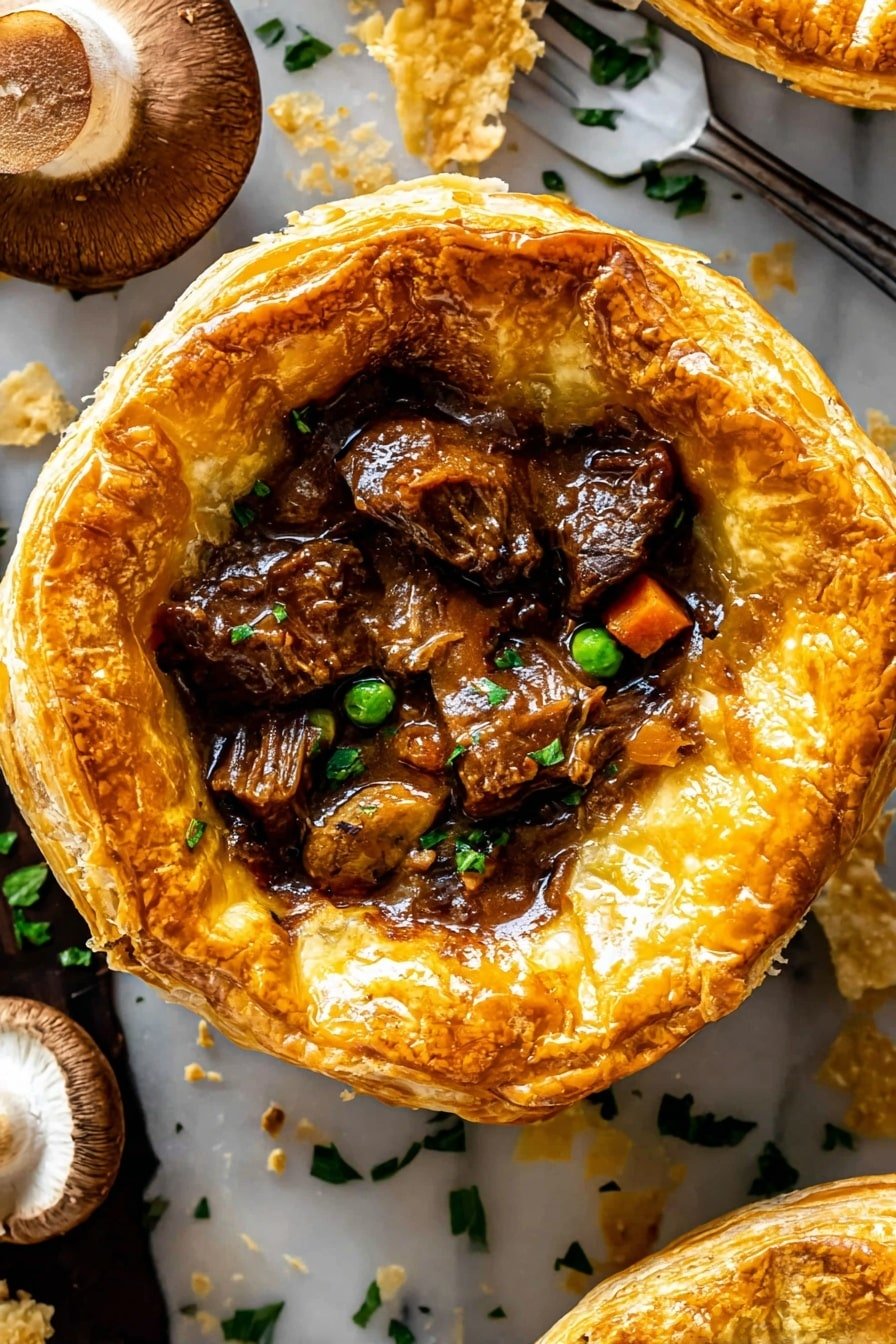 A close-up view of a golden-brown puff pastry pie with a flaky crust, filled with dark brown, glossy beef stew pieces mixed with small bits of orange carrot and green peas. There is a silver spoon inserted into the filling, lifting a chunk of the stew. The pie sits on a dark wooden surface with scattered green herb pieces and broken pastry flakes around it. To the left of the pie, there is a whole brown mushroom. The warm, textured crust contrasts with the rich, moist stew inside. photo taken with an iphone --ar 2:3 --v 7