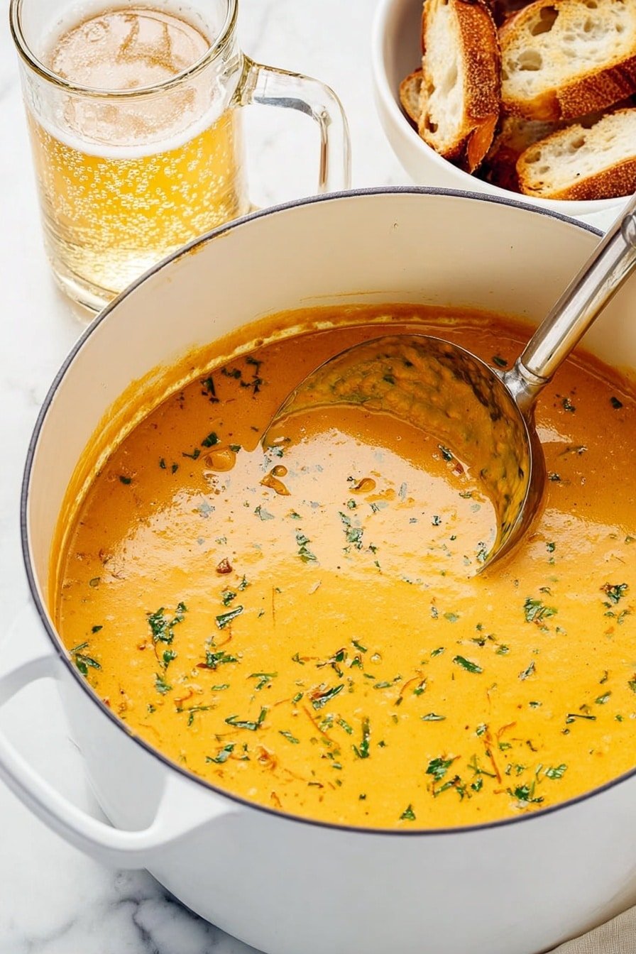 A large ornate white pot filled with thick, creamy orange soup with small green herb pieces sprinkled on top, sitting on a white marbled surface. A shiny silver ladle with a clear handle rests inside the pot, partially submerged in the soup. In the background, there is a clear glass mug filled with a golden-yellow drink with bubbles visible, and a white bowl holding several slices of toasted bread with golden-brown crusts. The scene is bright and clean, with the pot and its contents as the main focus. photo taken with an iphone --ar 2:3 --v 7