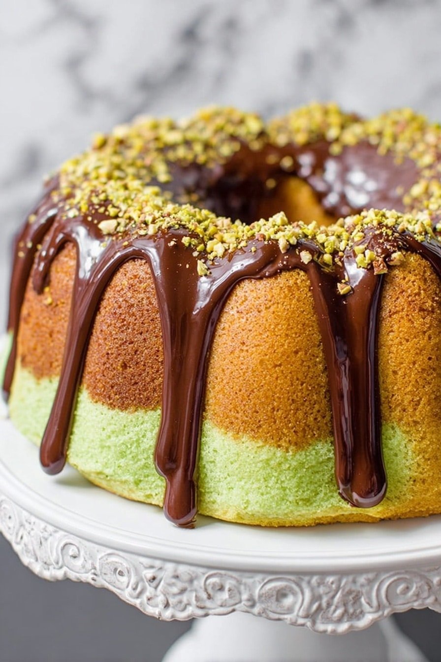 A bundt cake with two visible layers sits on an ornate white cake stand. The bottom layer is light green, and the top layer is golden brown. Thick, shiny dark chocolate glaze drips down from the top, covering parts of the cake evenly. The glaze is topped with scattered chopped nuts, adding a crunchy texture and light yellow-green color. The background shows a white marbled texture photo taken with an iphone --ar 2:3 --v 7