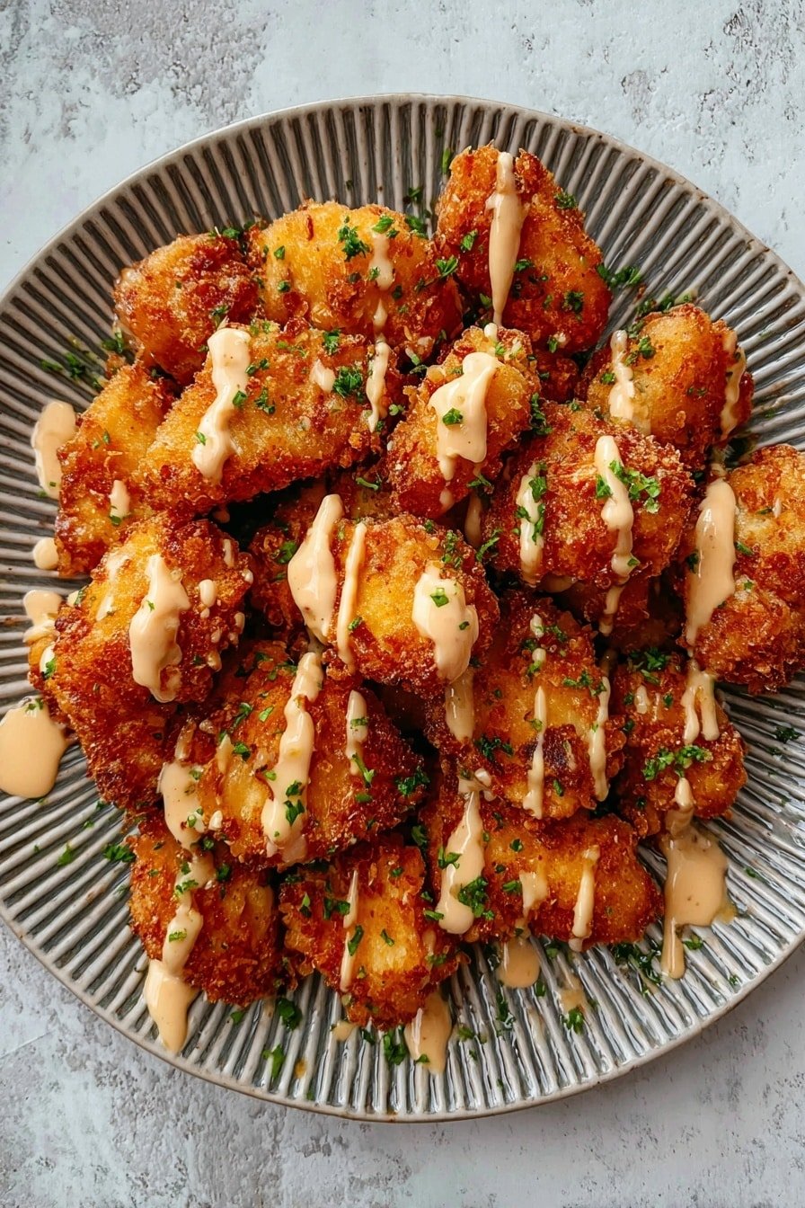 This dish shows many pieces of crispy, golden-brown fried nuggets piled tightly on a round ornate white plate with ridged edges. The nuggets have a rough, crunchy texture and are drizzled with a creamy light beige sauce in thin lines across the top. Small bits of fresh green herbs are sprinkled over the nuggets, adding a touch of color. The plate sits on a white marbled textured surface. photo taken with an iphone --ar 2:3 --v 7