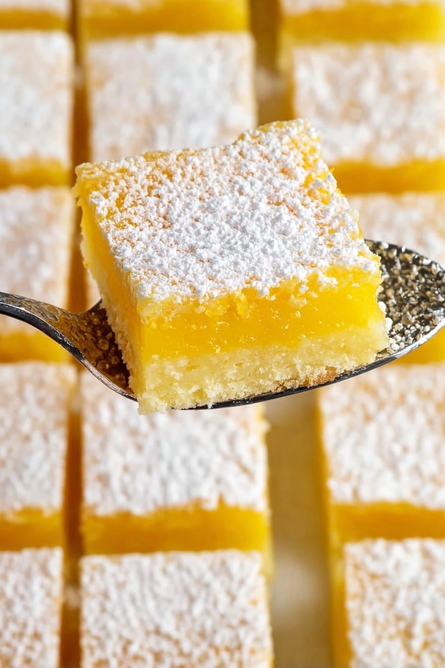 The image shows a close-up of a square lemon bar with two layers: a thin light golden brown crust at the bottom and a thicker bright yellow lemon layer on top. The top surface is covered with an even layer of white powdered sugar. The lemon bar is held above a blurred background of many other lemon bars with the same layers and powdered sugar, all arranged closely on a white marbled texture. A vintage silver spatula supports the lemon bar from below. photo taken with an iphone --ar 2:3 --v 7
