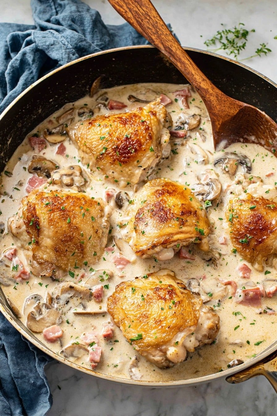 The image shows a pan with four golden brown chicken thighs sitting in a creamy white sauce filled with small pieces of mushrooms and pink ham. The sauce has a smooth, rich texture speckled with green herbs, which are also sprinkled lightly on top of the chicken. A wooden spoon is partially submerged in the sauce on the right side of the pan. The pan is set on a white marbled texture surface, with a crumpled blue cloth in the background. Photo taken with an iphone --ar 2:3 --v 7