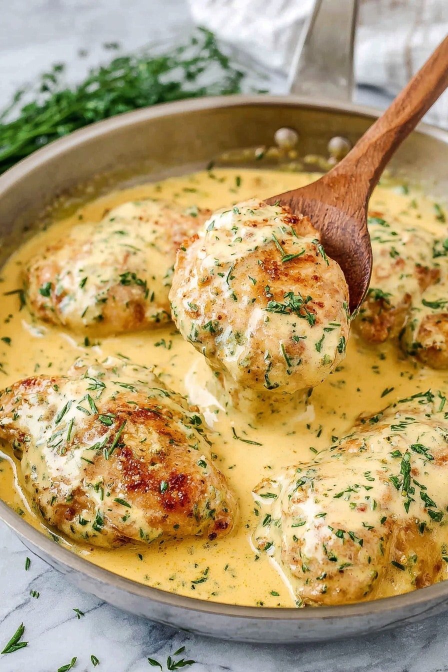 There is a silver pan filled with six pieces of cooked chicken layered evenly, each covered in a thick creamy yellow sauce with fresh green herbs sprinkled on top. The sauce has a smooth texture with small bits of herbs visible throughout. A wooden spoon is lifting one piece of chicken, showing the rich sauce dripping slightly. The pan sits on a white marbled surface with some scattered herbs around. photo taken with an iphone --ar 2:3 --v 7