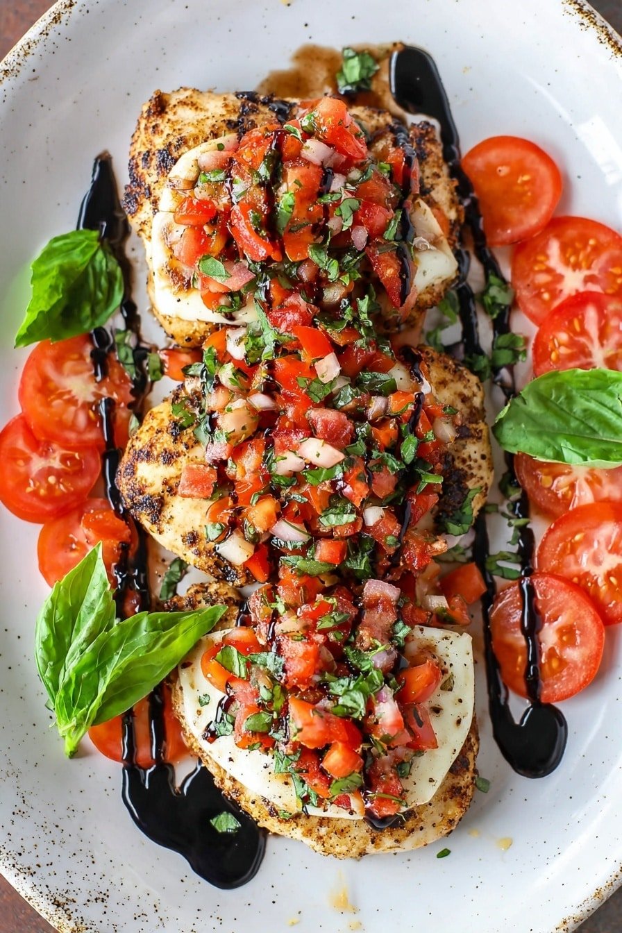 The dish shows three seasoned chicken pieces arranged in a circle on an ornate white plate, each topped with a layer of melted white cheese with a smooth texture. Over the cheese, there is a colorful mix of finely chopped red tomatoes, green basil, and small white garlic pieces, creating a vibrant, chunky texture. Drizzled dark balsamic glaze runs artistically over the tomato mixture and cheese, adding shine and contrast. Bright green basil leaves are scattered around the plate, and some sliced tomato rounds surround the edges, all set against a white marbled texture surface. photo taken with an iphone --ar 2:3 --v 7