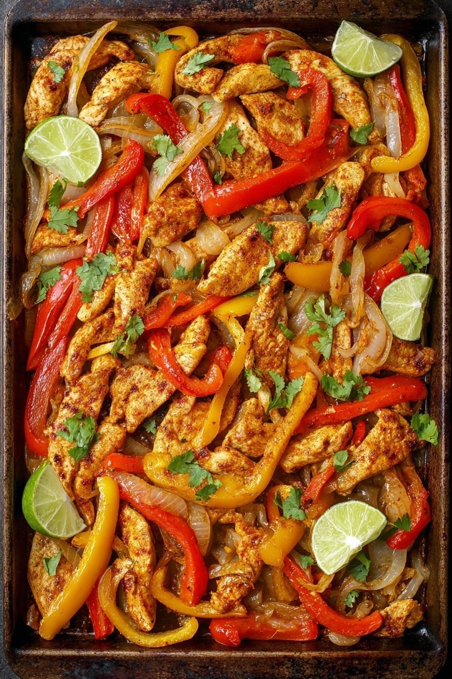 This image shows a baking sheet filled with cooked chicken strips mixed with bright red, yellow, and orange bell pepper slices and translucent cooked onion strips. The chicken is golden brown, slightly charred in spots, with a soft texture. The peppers are tender but still vibrant in color, layered evenly across the baking sheet. Scattered lime wedges and fresh green cilantro leaves add a pop of fresh green color on top. The baking sheet itself is dark and well-used, providing a contrast to the colorful food. The photo taken with an iphone --ar 2:3 --v 7