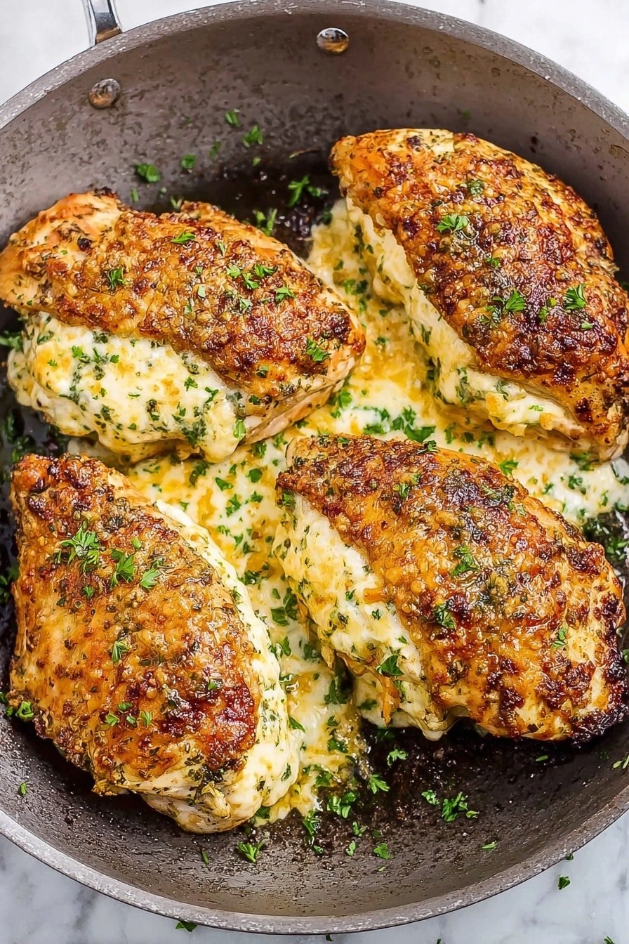 The image shows four golden brown stuffed chicken pieces in a black skillet, each topped with a creamy cheese and herb filling visible through cracks. The chicken has a slightly crispy texture with darker browned spots, while the filling is light yellow with flecks of green herbs scattered on top. Fresh parsley sprigs are sprinkled over the chicken and around the skillet for garnish, highlighting the juicy and savory appearance. The skillet sits on a white marbled surface. photo taken with an iphone --ar 2:3 --v 7
