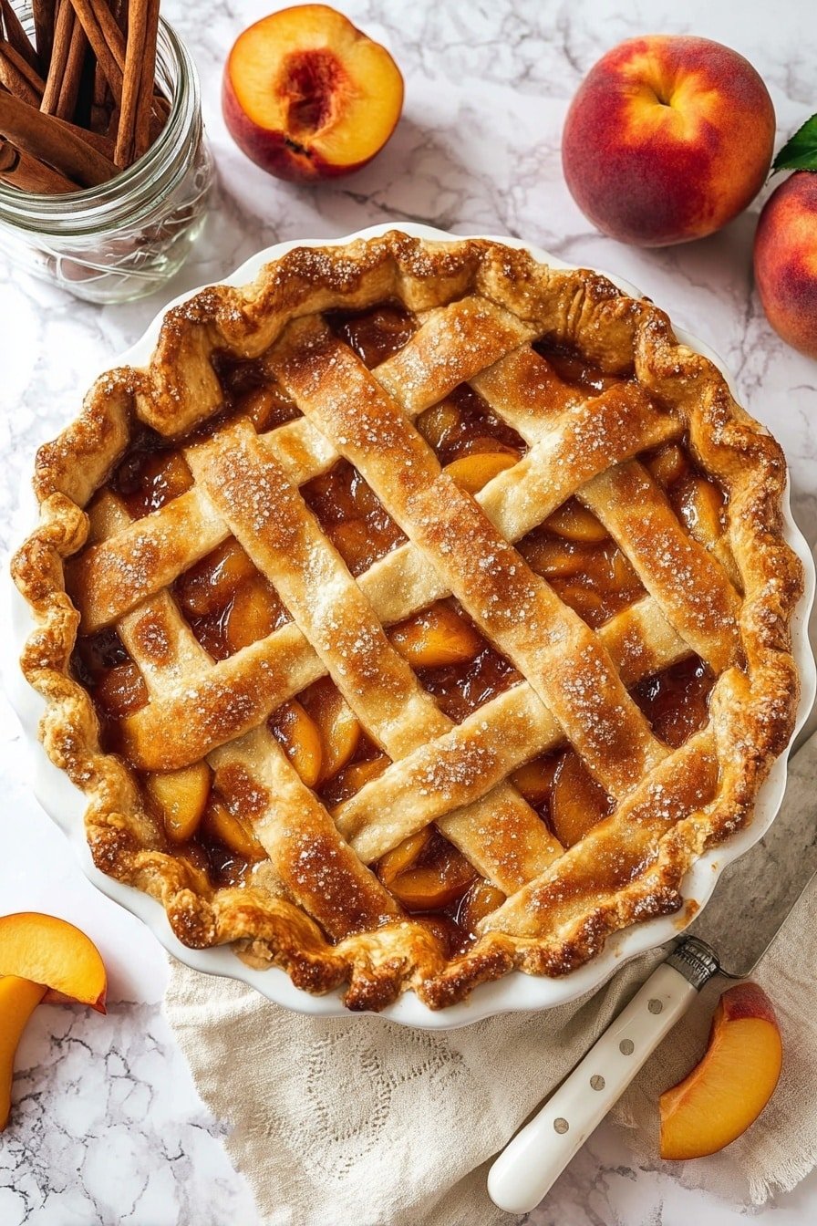 A golden brown lattice peach pie sits in an ornate white pie dish, with a shiny crust baked to a light golden color sprinkled with coarse sugar. The top layer is a woven pattern of wide dough strips, showing the glossy, deep amber peach filling bubbling beneath. Around the edge, the crust is thick and crimped, slightly darker from caramelizing juices. To the side, bright orange and red whole peaches and peach slices add contrast. A glass jar filled with cinnamon sticks and more scattered sticks rest nearby. A white-handled knife lies on a cream-colored cloth on a white marbled surface. Photo taken with an iphone --ar 2:3 --v 7