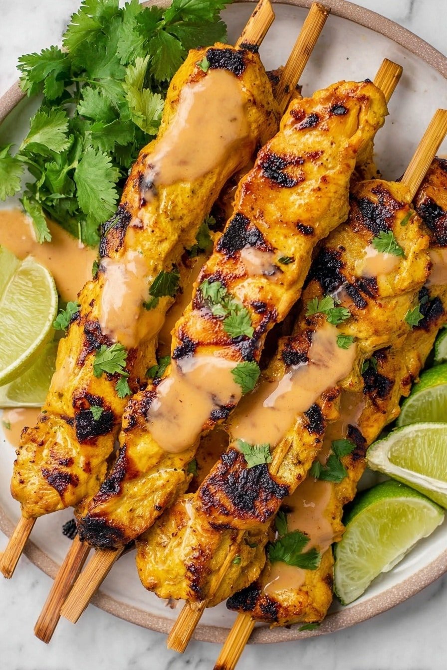 The image shows three grilled chicken skewers with dark grill marks, lying on an ornate white plate. The chicken pieces are yellowish-brown and charred in spots, stacked closely together with wooden skewers visible beneath. A thick, smooth, pinkish-brown sauce is being poured over the top skewer from a wooden spoon held by a woman's hand. Bright green lime wedges and green cilantro leaves are placed around the chicken, all set on a white marbled surface. In the blurry background, garlic bulbs and whole limes can be seen out of focus. Photo taken with an iphone --ar 2:3 --v 7